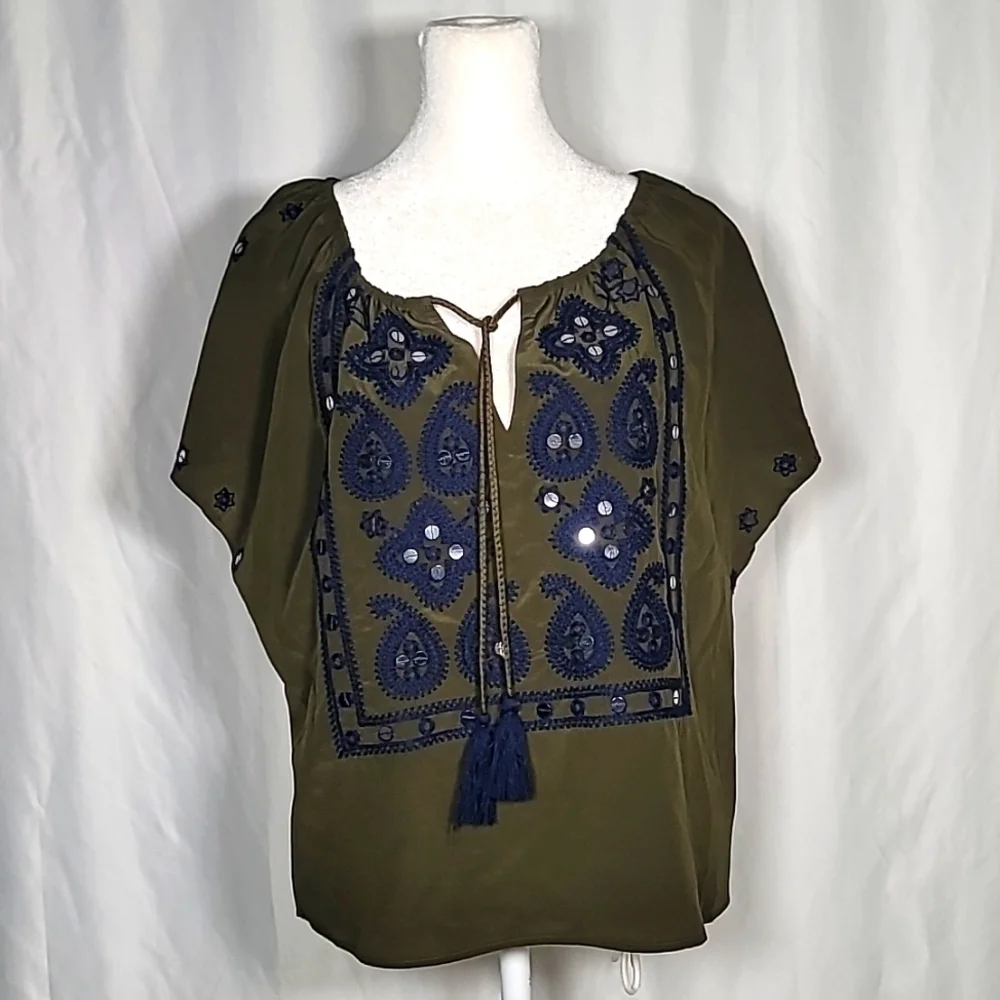 💚 TORY BURCH Silk Top with Sequins and Embroidery Size 2